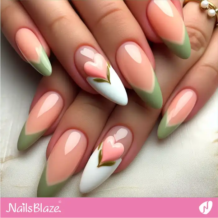 Glossy Peach Fuzz Nails with Hearts and Chevron Design | Color of the Year 2024 - NB1902